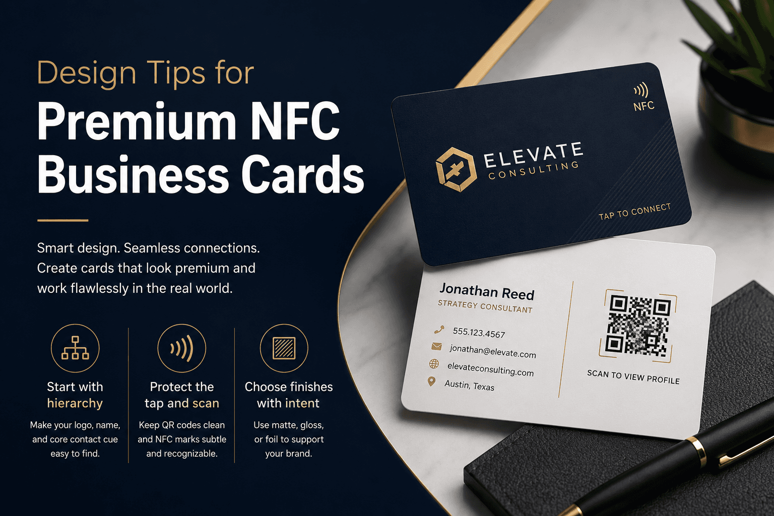 Premium business cards arranged on a clean desk