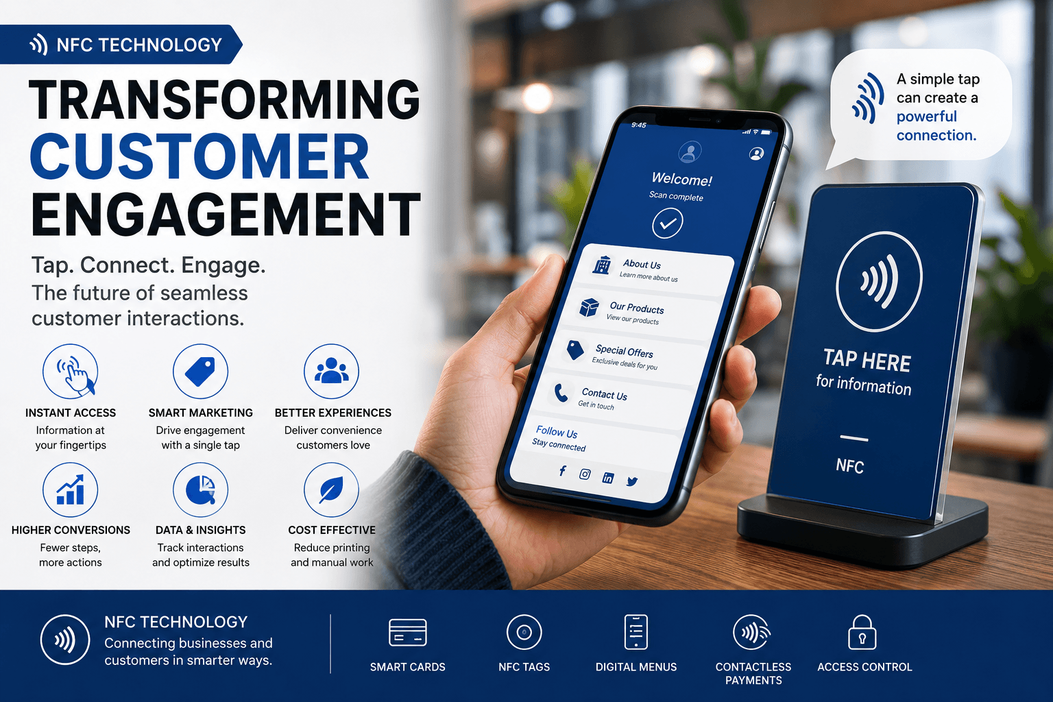 Customer using NFC technology to access digital business information through a smartphone in a modern business environment.